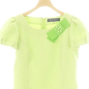 M'S GRACY パール リボン フレンチスリーブ ワンピース 膝丈 半袖 総柄 38 黄緑 イエローグリーン /MI OS