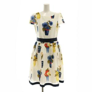 花柄 ワンピース 半袖 ひざ丈 ボートネック 38 M 白 マルチカラー ホワイト