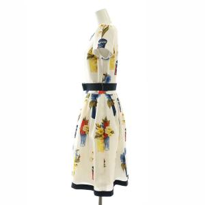 M'S GRACY 花柄 ワンピース 半袖 ひざ丈 ボートネック 38 M 白 マルチカラー ホワイト