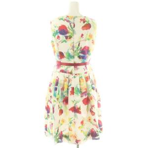 M'S GRACY 花柄 水彩 ノースリーブ バルーンワンピース 膝丈 ベルト付き 38 白 ホワイト マルチカラー