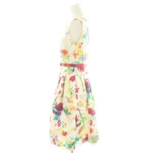 M'S GRACY 花柄 水彩 ノースリーブ バルーンワンピース 膝丈 ベルト付き 38 白 ホワイト マルチカラー