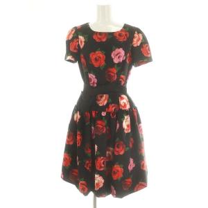バラ柄 花柄 バルーンワンピース ひざ丈 半袖 リボンベルト付き 38 黒 ブラック マルチカラー