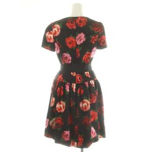 M'S GRACY バラ柄 花柄 バルーンワンピース ひざ丈 半袖 リボンベルト付き 38 黒 ブラック マルチカラー