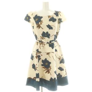 花柄 フレンチスリーブ ワンピース 膝丈 半袖 38 アイボリー 青 茶