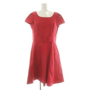 ウエストベルト フレンチスリーブ ワンピース ひざ丈 ベルト付き コットン 40 L 赤 レッド /YQ