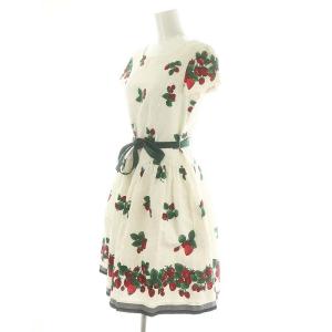 M'S GRACY いちご柄 フレンチスリーブ ワンピース ひざ丈 ベルト付き コットン 38 M アイボリー マルチカラー