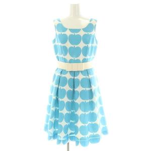 りんご柄 ノースリーブ ワンピース 膝丈 総柄 ベルト付き 38 水色 白 ライトブルー ホワイト