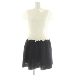 花柄カットワーク刺繍 バイカラー フレンチスリーブ ワンピース 膝丈 半袖 38 白 紺 ホワイト ネイビー