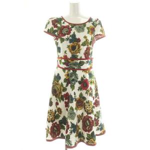 花柄 フレンチスリーブ ワンピース ひざ丈 半袖 ベルト付き インナー付き コットン 38 M 赤 レッド