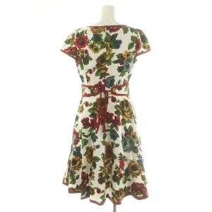 M'S GRACY 花柄 フレンチスリーブ ワンピース ひざ丈 半袖 ベルト付き インナー付き コットン 38 M 赤 レッド