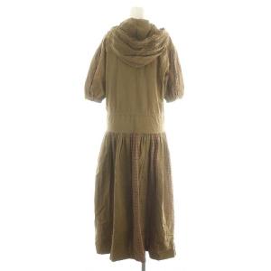 KANEKO ISAO フード チェック切替 ワンピース 五分袖 ロング 前開き 茶 ブラウン オレンジ /CX OS