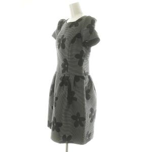 M'S GRACY カメリア柄 ボーダー フレンチスリーブ ワンピース ひざ丈 半袖 38 M 黒 ブラック グレー /YQ