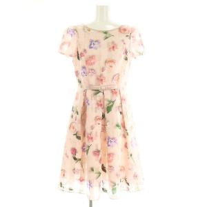 花柄 オーガンジー ワンピース ひざ丈 半袖 38 ピンク マルチカラー /DF OS