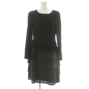 リボン 切替 ティアード 長袖 ワンピース ひざ丈 38 M 黒 ブラック /YQ OS