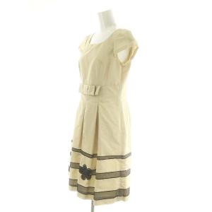 M'S GRACY カメリア柄 リボン フレンチスリーブ ワンピース ひざ丈 38 M ベージュ 黒 ブラック