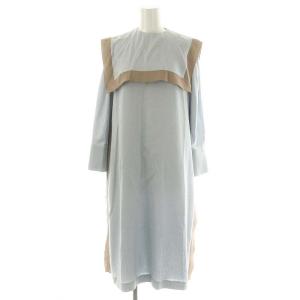 バイカラーラインジョーゼットセーラーヨークワンピース ロング 長袖 36 水色 ライトブルー モカ /DF