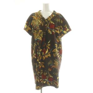 花柄 半袖 ワンピース 膝丈 Vネック 13+ 茶 ブラウン マルチカラー /MI OS