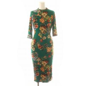 フラワー総柄 ロングタイトワンピース 七分袖 0 緑 グリーン マルチカラー