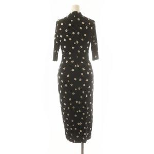 alice + olivia フラワー総柄 ロングタイトワンピース 七分袖 0 黒 ブラック マルチカラー