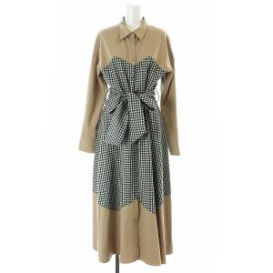 チェック切替シャツワンピース ミモレ ロング 長袖 36 S ベージュ 黒 ブラック