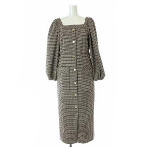 チェックジャージワンピース ミモレ ロング 長袖 スクエアネック 千鳥格子 36 S ベージュ 0321432187