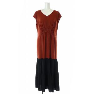 Vネックコンビワンピース マキシ ロング ノースリーブ バイカラー 36 S 赤 レッド 黒 ブラック