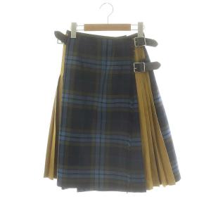 チェックキルトスカート ロング フレア ラップ調 ウール 34 紺 イエローベージュ ネイビー /NR
