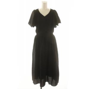 袖コンシャス 洗える ウエストゴム フレアスリーブウエストシャーリングワンピース ロング 半袖 リネン混 36 黒 ブラック