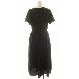 DRESSTERIOR 袖コンシャス 洗える ウエストゴム フレアスリーブウエストシャーリングワンピース ロング 半袖 リネン混 36 黒 ブラック