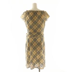 BURBERRY BLUE LABEL ノバチェック フレンチスリーブ ワンピース ひざ丈 ベルト付き ウール混 38 S ベージュ マルチカラー
