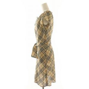 BURBERRY BLUE LABEL ノバチェック フレンチスリーブ ワンピース ひざ丈 ベルト付き ウール混 38 S ベージュ マルチカラー