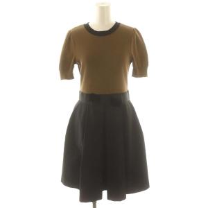 リボン ニット 切替 半袖 ワンピース ひざ丈 38 茶 黒 ブラウン ブラック /DF OS