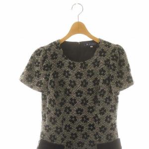 M'S GRACY 花柄 ツイード 半袖 ワンピース ひざ丈 リボン 38 黒 白 ブラック ホワイト