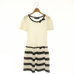 ボーダー リボン 半袖 ニットワンピース ひざ丈 36 白 紺 ホワイト ネイビー /DF OS