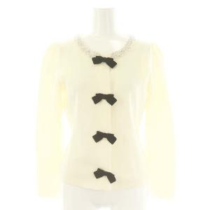22年 パール装飾 リボン カーディガン 長袖 コットン 38 M アイボリー /YQ OS