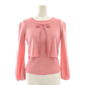 リボン アンサンブルニット カーディガン 長袖 クロップド丈 カットソー 半袖 38 ピンク