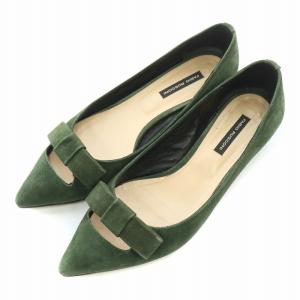 パンプス ポインテッドトゥ ローヒール スエード リボン 37 緑 グリーン /BB OF