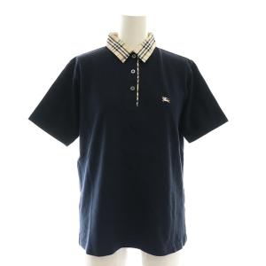襟ノバチェック ポロシャツ 半袖 プルオーバー ロゴ コットン M 濃紺