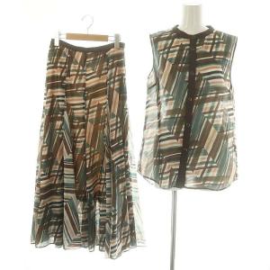  23SS ブラッシュププリントブラウス スカート セット ノースリーブ フロントボタン ロング丈 マキシ丈 36 S 茶