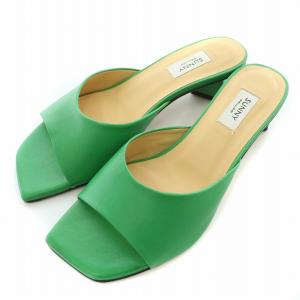 SUNNY スクエアミュールサンダル チャンキーヒール ローヒール レザー 37 緑 グリーン