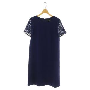 スリーブレース ショートスリーブワンピース 膝丈 半袖 切替 36 紺 ネイビー