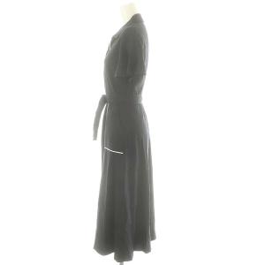 ANAYI 23SS リネンストレッチバイカラーワンピース 半袖 ひざ下 ミモレ丈 34 XS 紺 ネイビー