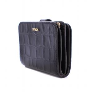 FURLA 財布 二つ折り L字ファスナー クロコ型押し レザー 黒 /BM OF