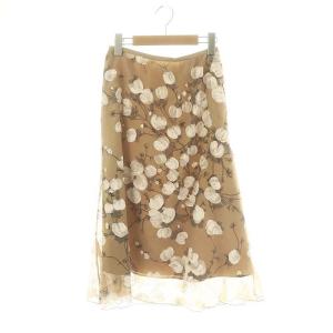 ペイントフラワープリントスカート ロング丈 マキシ丈 コットン 36 S ベージュ 白 ホワイト /YQ