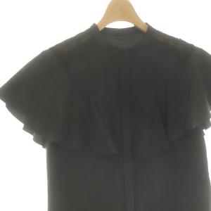 ANAYI 23AW トリアセコットンレースラッフル ブラウス シャツ 前開き 半袖 36 黒 ブラック
