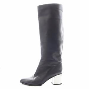 ロングブーツ メタルヒール チャンキーヒール レザー 38 紺 ネイビー 4410 /AN16 OF