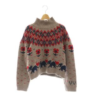 タートルニット セーター 長袖 ノルディック柄 ウール混 S 茶 ブラウン 赤 レッド /KO OS