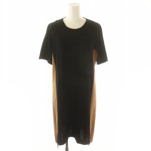 サイドラインワンピース 膝丈 半袖 シルク混 42 黒 ブラック 茶 ブラウン