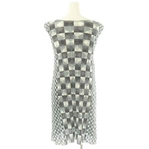 PLEATS PLEASE ISSEY MIYAKE イッセイミヤケ 総柄 ノースリーブ クルーネック ワンピース ミニ プリーツ 3 グレー 白 緑 /MI