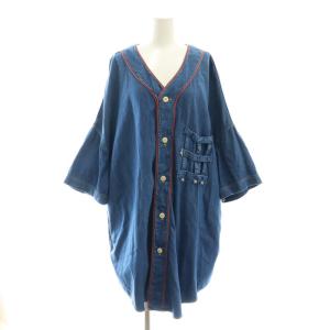 8ozデニムスラッピープリズンベースボールシャツ ロング 七分袖 1 青 ブルー /HK OS